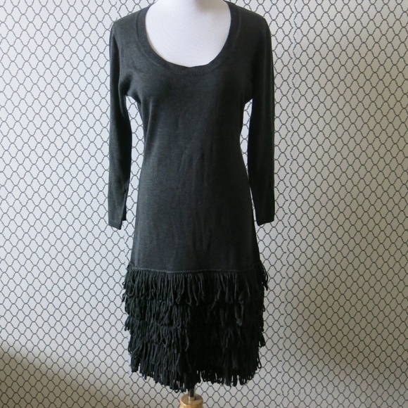 Calvin Klein Charcoal Gray 3/4 Sleeve Fringe Sweater Dress - Size Medium - Picture 1 of 6